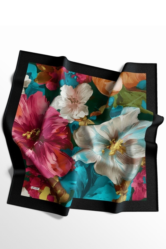 Tropikal Çiçek Desen Fuşya Soft Pamuk Eşarp - 2