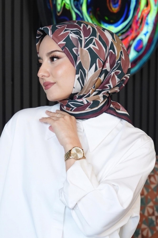 Yaprak Desen Kahverengi Soft Pamuk Eşarp - AFVENTE