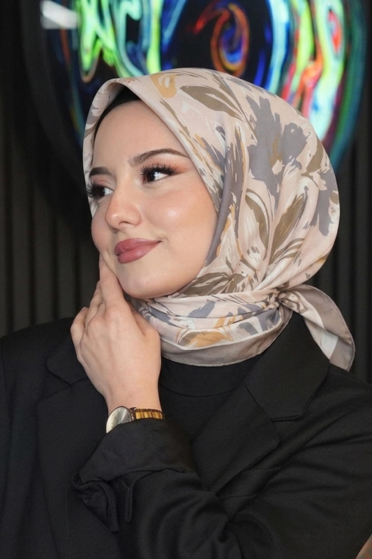 Zambak Çiçek Desen Gri Soft Pamuk Eşarp - 1