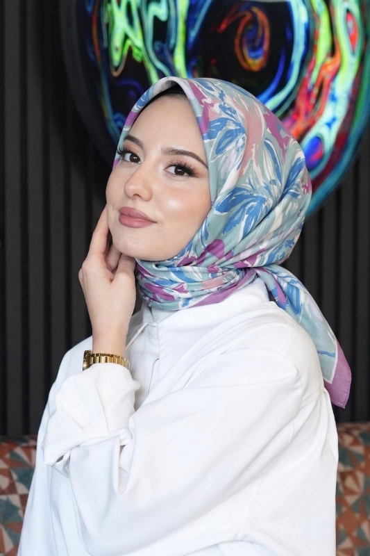 Zambak Çiçek Desen Lavanta Soft Pamuk Eşarp - AFVENTE