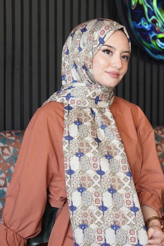 Geometrik Desen Mavi Soft Pamuk Şal - 1