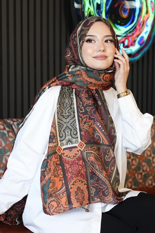 Paisley Desen Kahverengi Soft Pamuk Şal - 4