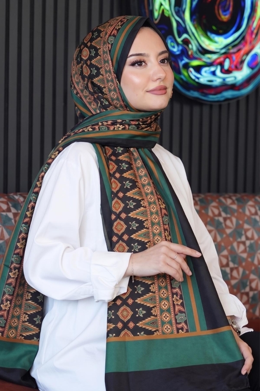 Çiçek Desen Yeşil Soft Pamuk Şal - Afvente