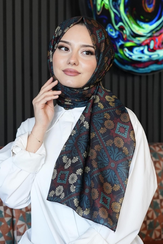 Çiçek Desen Koyu Yeşil Soft Pamuk Şal - Afvente
