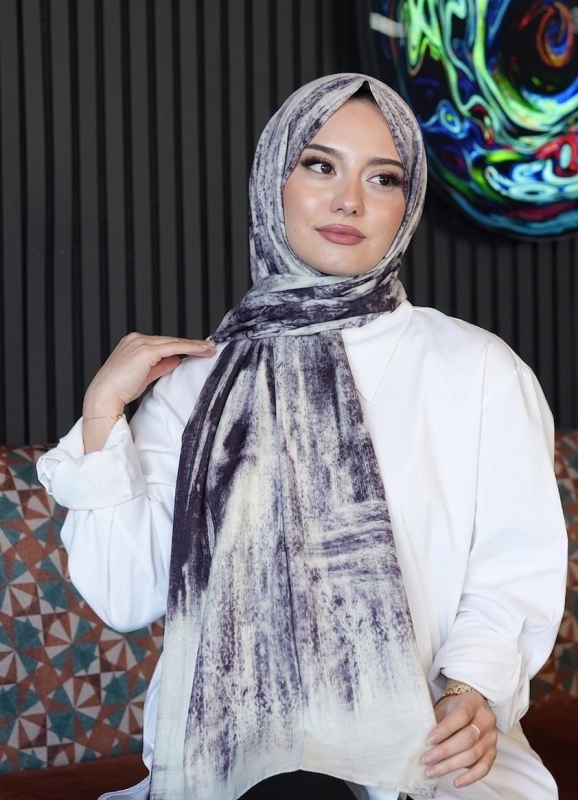 Geometrik Desen Açık Gri Soft Pamuk Şal - Afvente