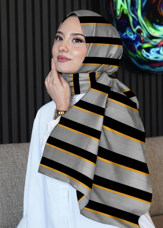 Çizgili Desen Gri Soft Pamuk Şal - 1