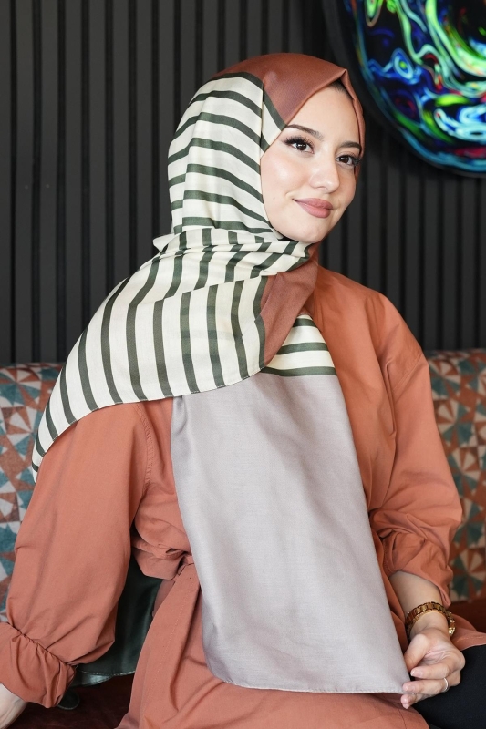 Çizgili Desen Haki Soft Pamuk Şal - 1