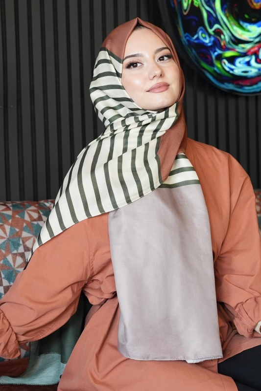 Çizgili Desen Haki Soft Pamuk Şal - 2
