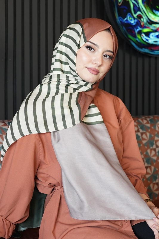 Çizgili Desen Haki Soft Pamuk Şal - 4