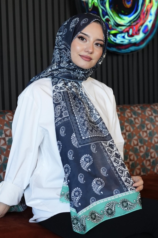 Paisley Desen Lacivert Soft Pamuk Şal - 2