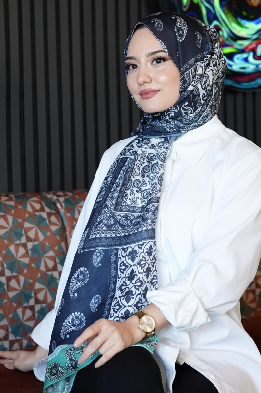 Paisley Desen Lacivert Soft Pamuk Şal - 3