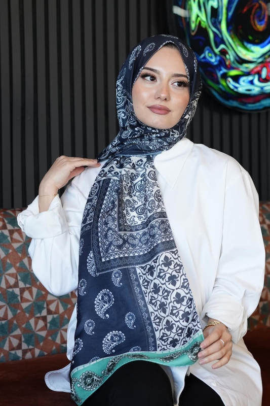 Paisley Desen Lacivert Soft Pamuk Şal - 4