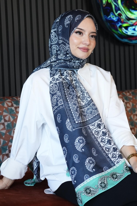 Paisley Desen Lacivert Soft Pamuk Şal - Afvente