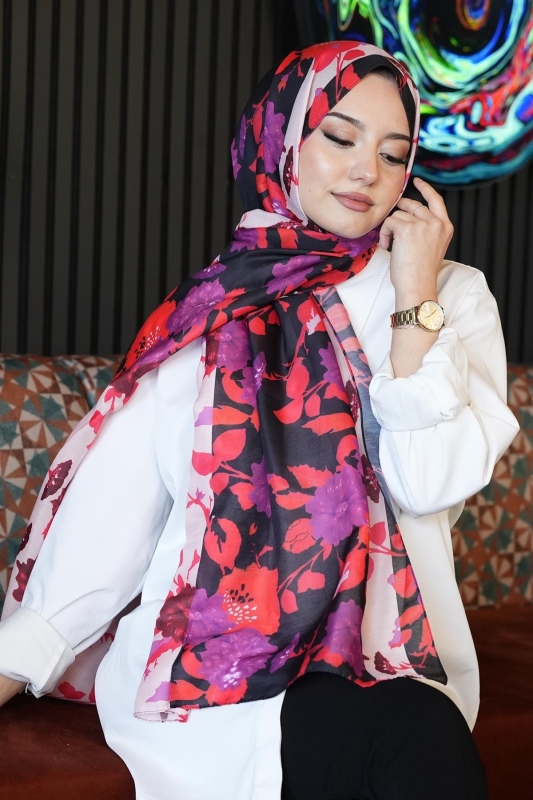Çiçek Desen Pembe Soft Pamuk Şal - 3