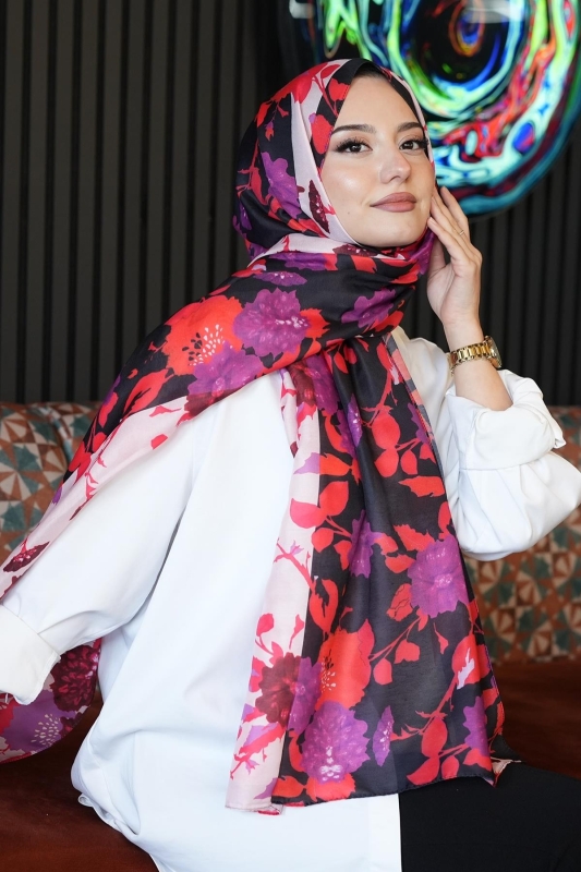 Çiçek Desen Pembe Soft Pamuk Şal - Afvente