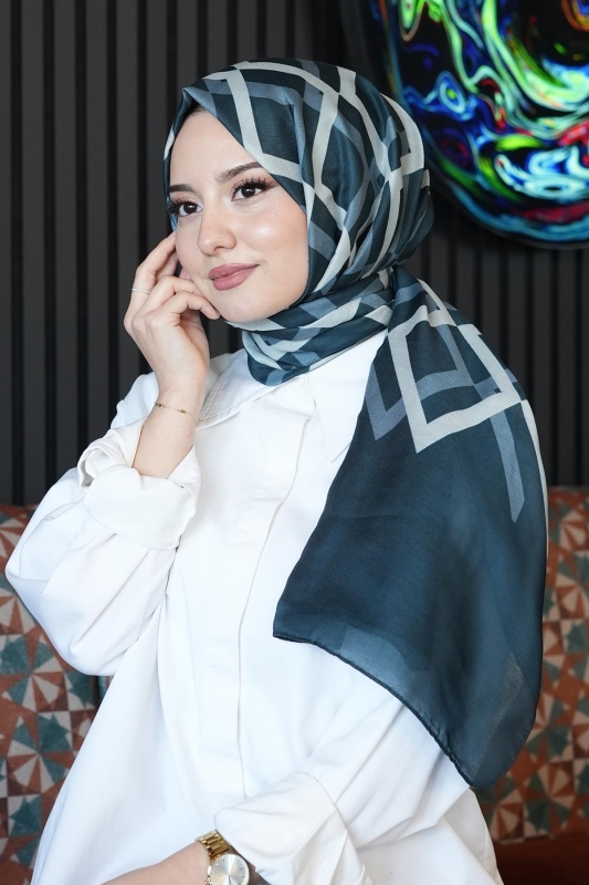 Geometrik Desen Koyu Mavi Soft Pamuk Şal - 2