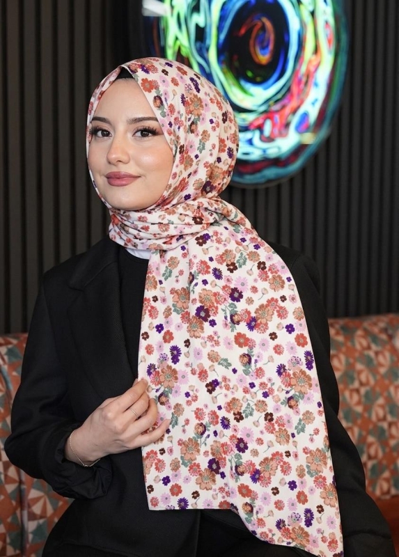 Çiçek Desen Beyaz Soft Pamuk Şal - 1