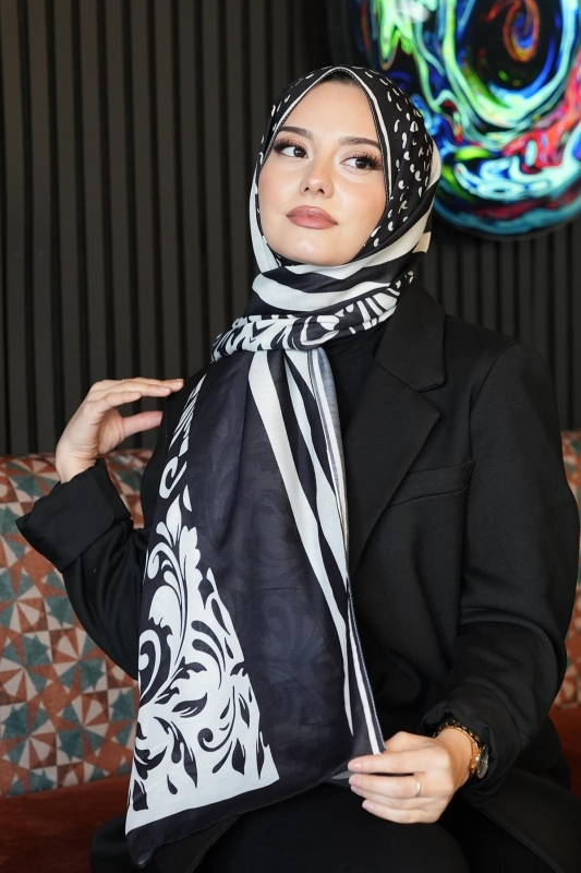 Barok Desen Siyah - Beyaz Soft Pamuk Şal - 3