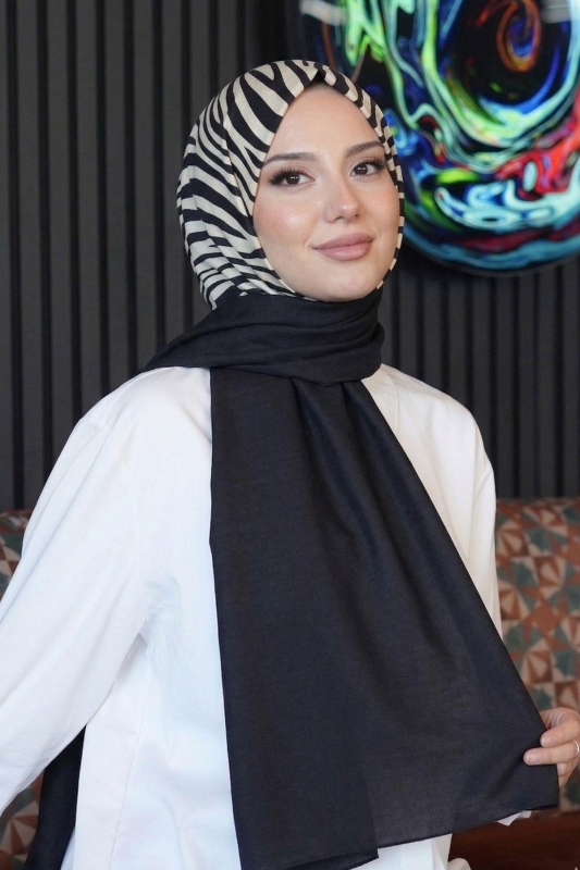 Çizgili Desen Siyah - Beyaz Soft Pamuk Şal - 1