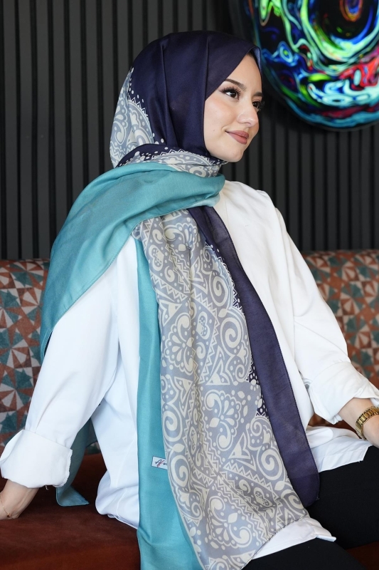 Çiçek Desen Açık Mavi Soft Pamuk Şal - Afvente