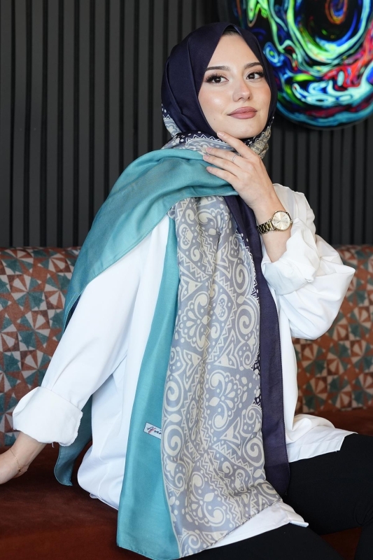 Çiçek Desen Açık Mavi Soft Pamuk Şal - 3