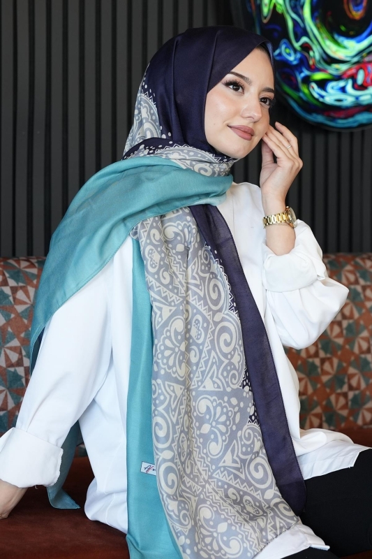 Çiçek Desen Açık Mavi Soft Pamuk Şal - 4