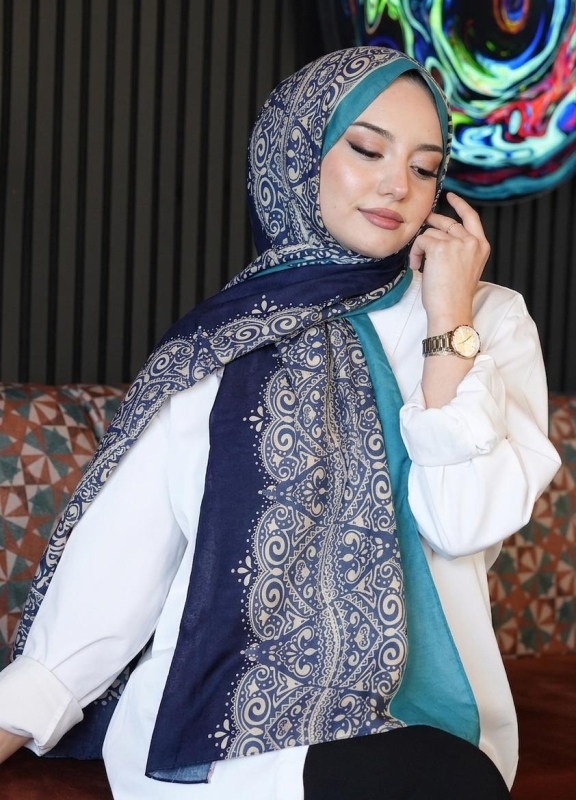 Çiçek Desen Açık Mavi Soft Pamuk Şal - Afvente