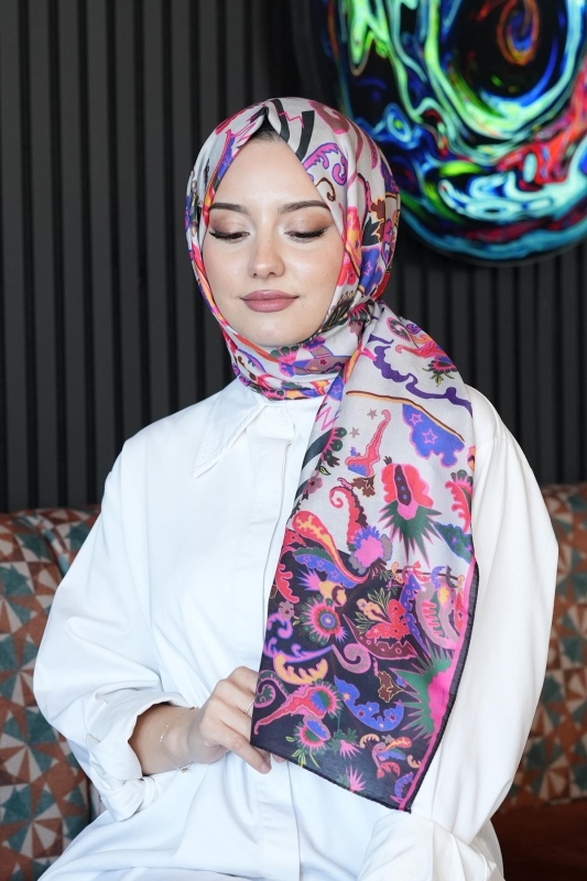 Çiçek Desen Krem Soft Pamuk Şal - 3