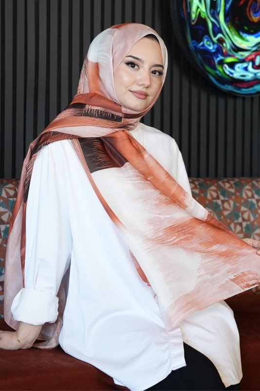 Soyut Desen Açık Kahverengi Soft Pamuk Şal - 3