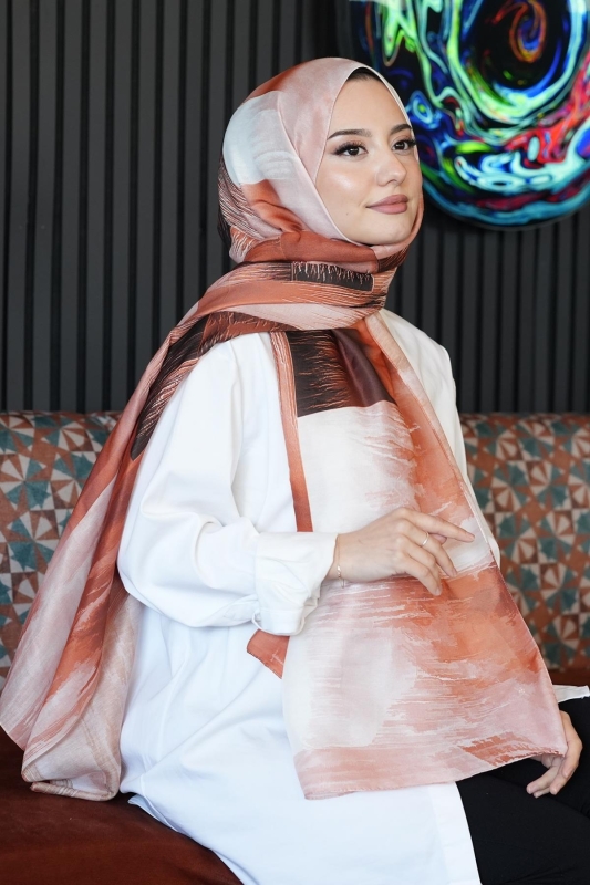 Soyut Desen Açık Kahverengi Soft Pamuk Şal - 4