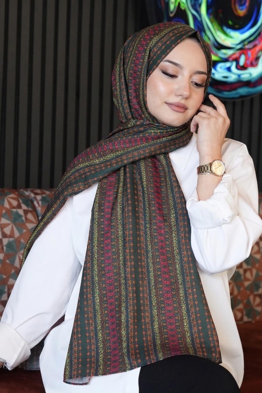 Etnik Desen Koyu Yeşil Soft Pamuk Şal - 1