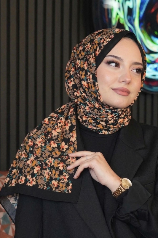 Akışkan Çiçek Desen Karamel Soft Pamuk Şal - AFVENTE