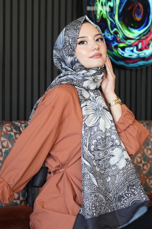 Barok Çiçek Desen Taş Soft Pamuk Şal - 2