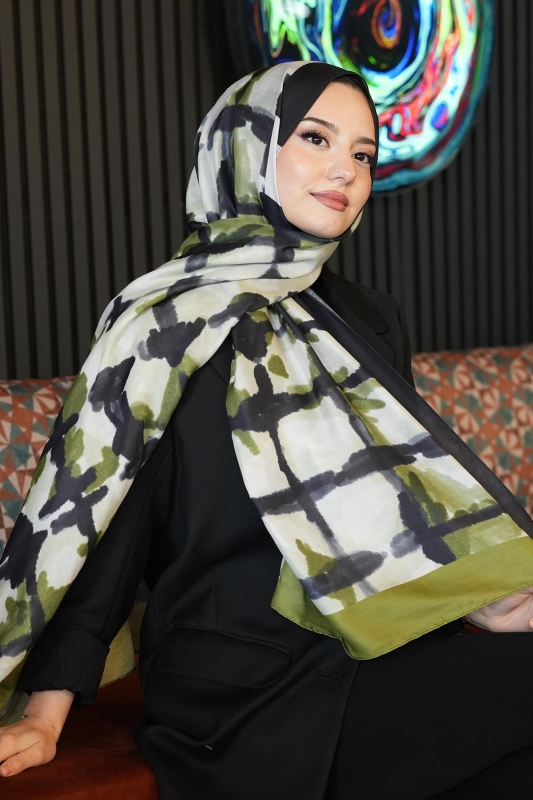 Batik Çizgi Desen Zeytuni Soft Pamuk Şal - Afvente