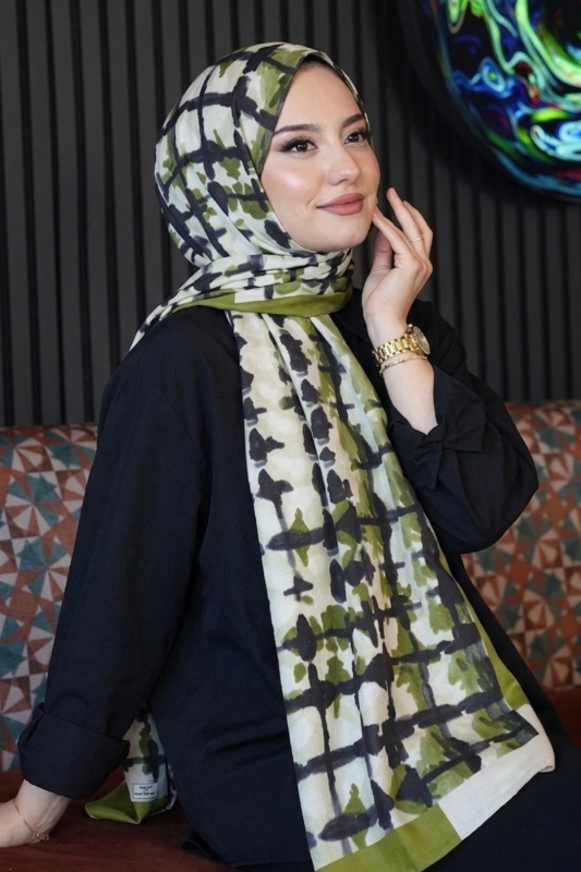Batik Çizgi Desen Zeytuni Soft Pamuk Şal - Afvente