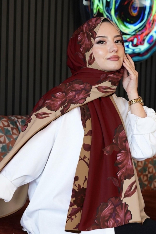 Çiçek Desen Bordo Soft Pamuk Şal - 2