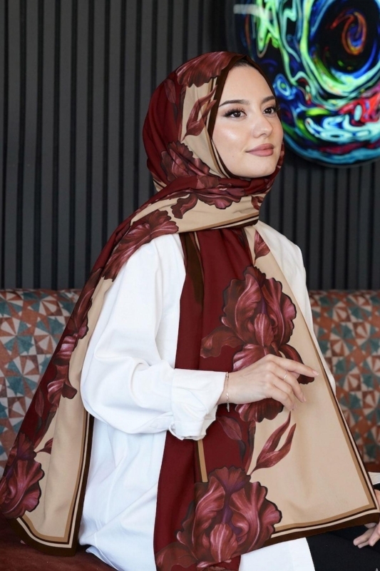 Çiçek Desen Bordo Soft Pamuk Şal - Afvente