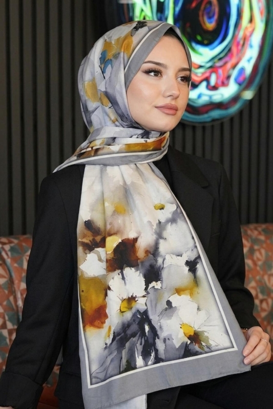 Çiçek Desen Gri Soft Pamuk Şal - Afvente