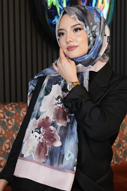 Çizgi Çiçek Desen Füme Soft Pamuk Şal - 2