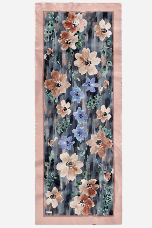 Çizgi Çiçek Desen Füme Soft Pamuk Şal - 4