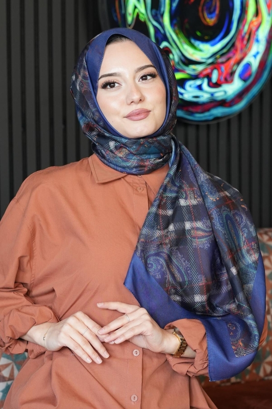 Ekose Paisley Desen Lacivert Soft Pamuk Şal - 2