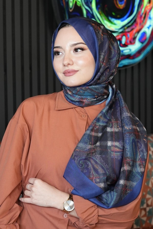 Ekose Paisley Desen Lacivert Soft Pamuk Şal - 3