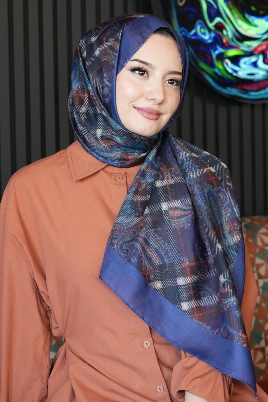 Ekose Paisley Desen Lacivert Soft Pamuk Şal - 1