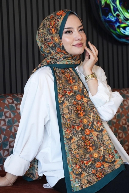 Etnik Çiçek Desen Yeşil Soft Pamuk Şal - 1