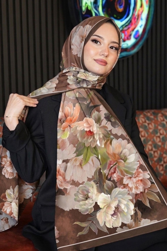 Floral Desen Kahve Soft Pamuk Şal - Afvente