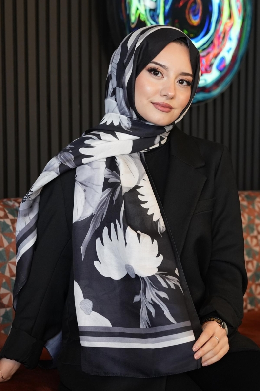 Gelincik Desen Siyah Soft Pamuk Şal - AFVENTE