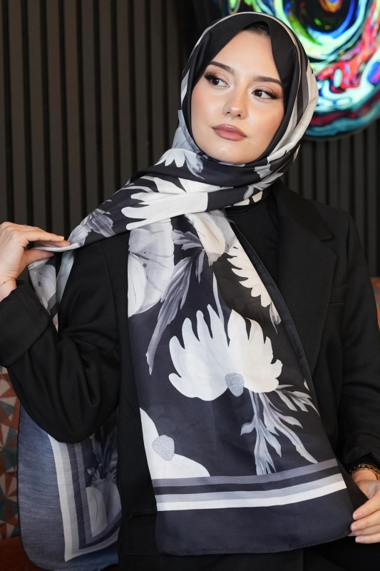 Gelincik Desen Siyah Soft Pamuk Şal - 3
