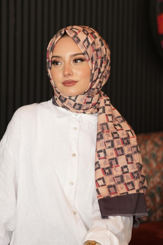 Geometrik Kare Desen Acı Kahve Soft Pamuk Şal - 1