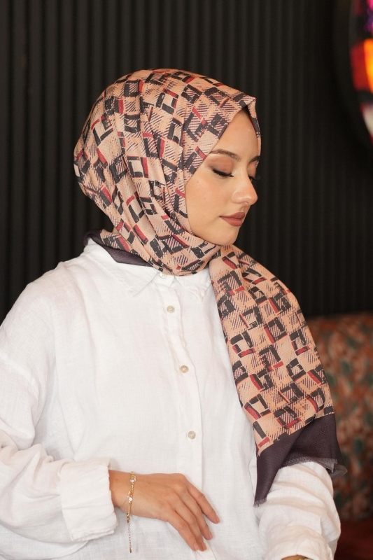 Geometrik Kare Desen Acı Kahve Soft Pamuk Şal - 2