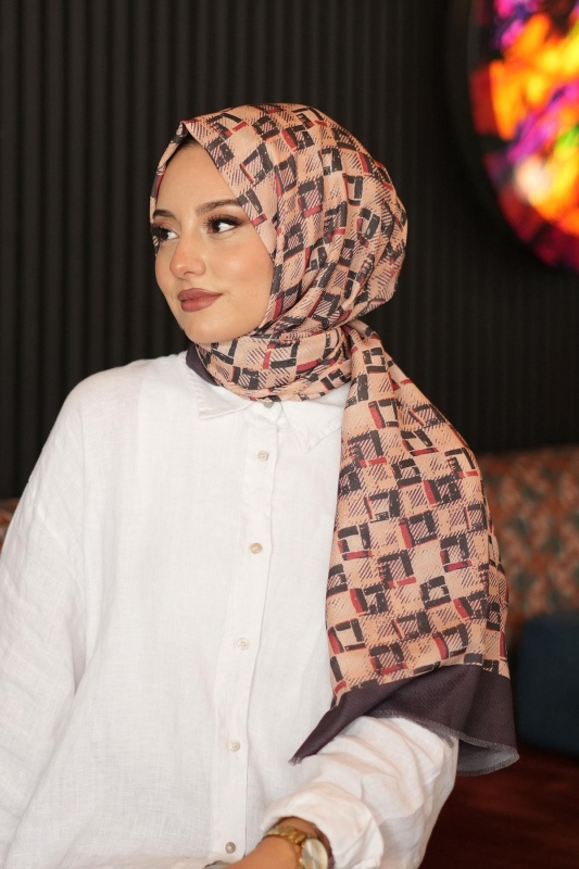 Geometrik Kare Desen Acı Kahve Soft Pamuk Şal - 4